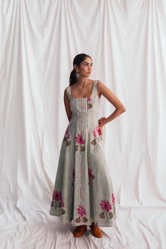JODI Gulkand panel dress featuring intricate design, flowing fabric, and vibrant colors displayed on a model.