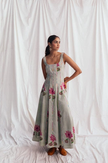 JODI Gulkand panel dress featuring intricate design, flowing fabric, and vibrant colors displayed on a model.