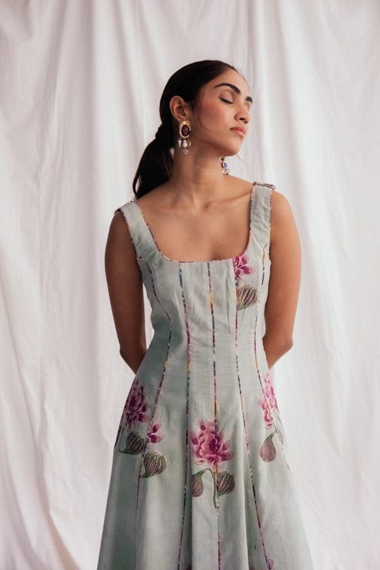 JODI Gulkand panel dress with intricate embroidery and flowing fabric, displayed on a model in a fashion lookbook image.