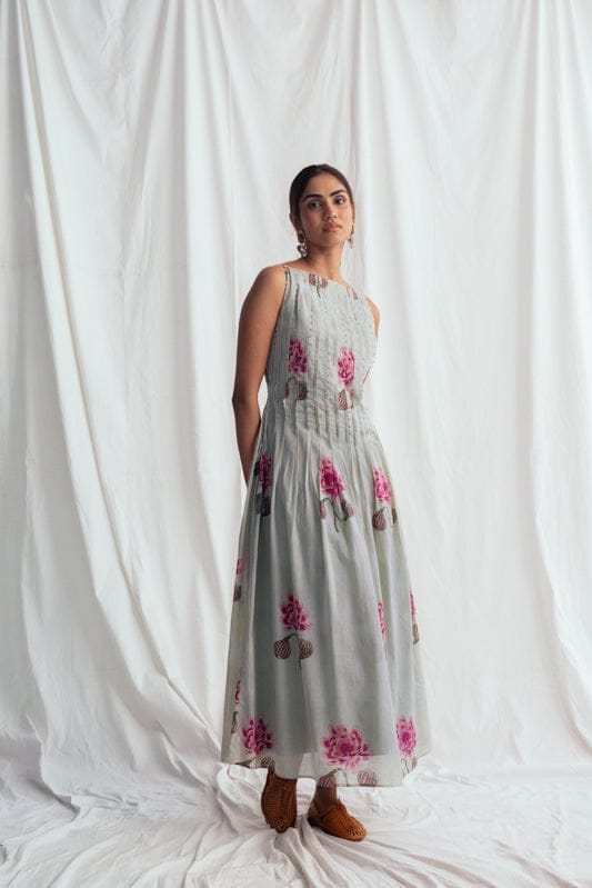 JODI Gulkand day dress, lightweight and stylish dress with floral print, perfect for casual wear, shown on a hanger.