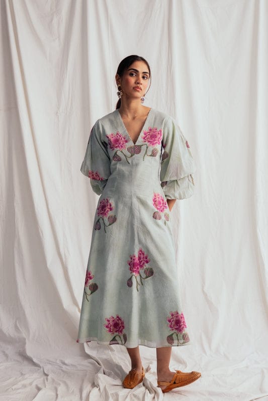 JODI Gulkand dress, elegant women's dress with intricate detailing and soft fabric, worn for a stylish look.