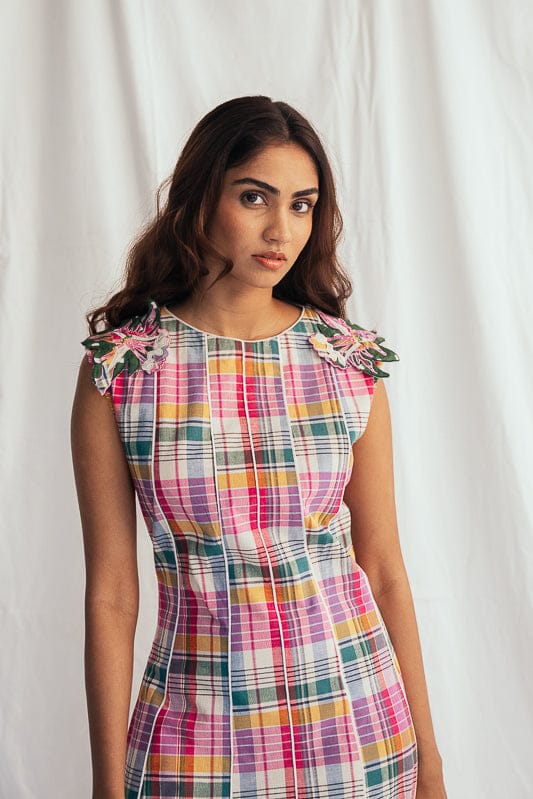 JODI Sherbet panel dress shown on model, featuring a stylish, colorful design and modern silhouette for elegant daytime wear.