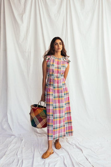 JODI Sherbet panel dress, stylish women's dress with colorful panels, displayed on a model in a fashion lookbook image.