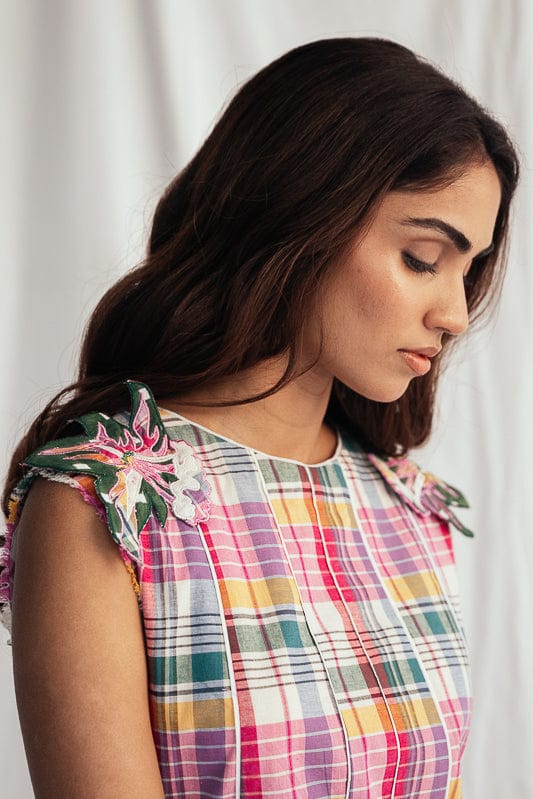 JODI Sherbet panel dress, stylish women's dress with colorful panels, displayed on a model in a fashion lookbook image.