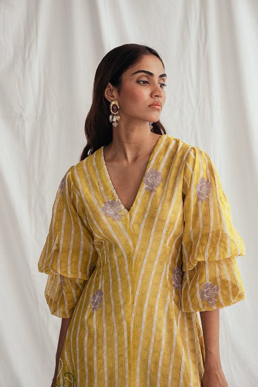 JODI Dhoop dress featuring intricate embroidery and flowing fabric, displayed on a hanger against a neutral background.