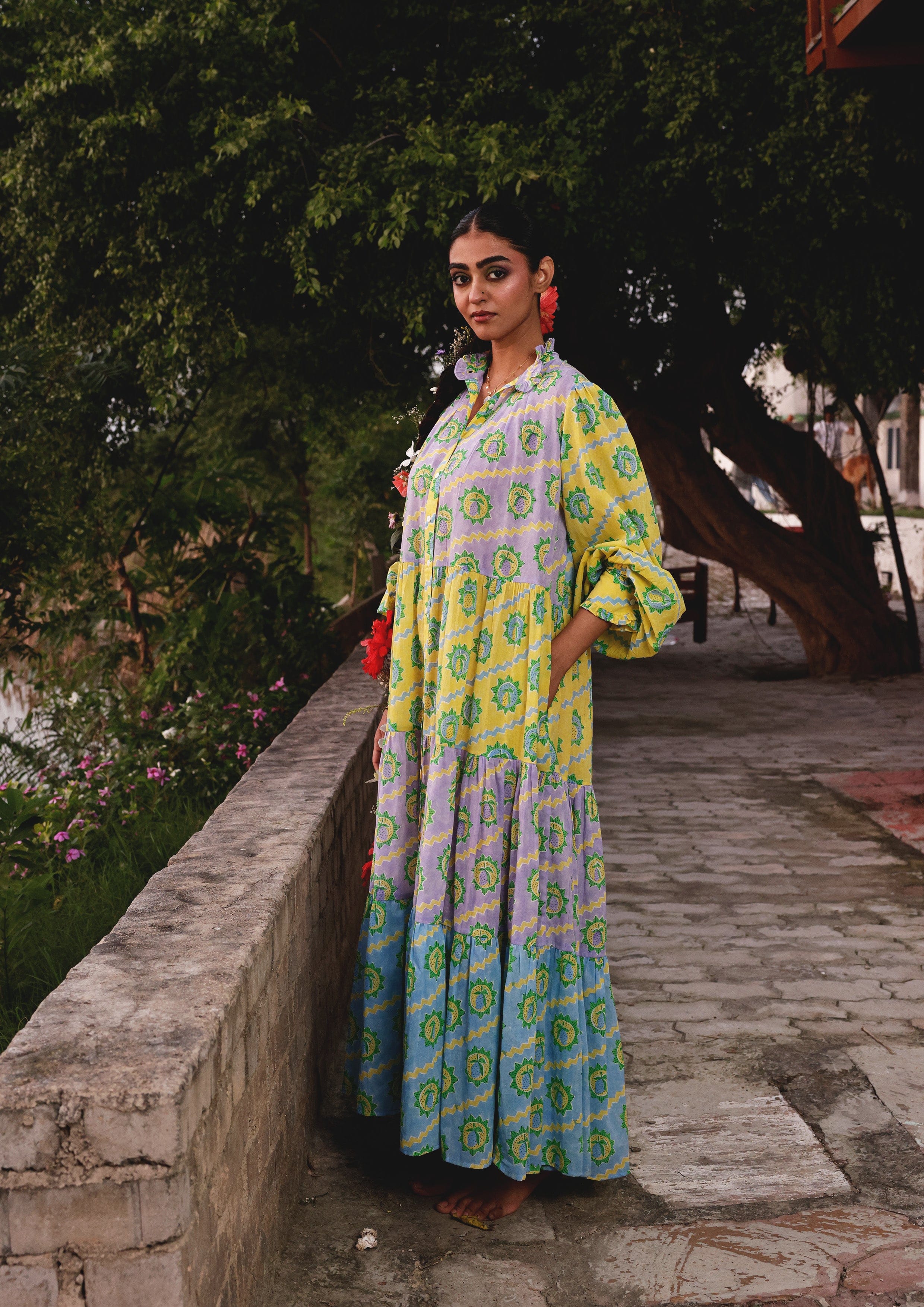 Colorful Mango print Kakori dress by The Raw India, featuring multi-colored fabric and traditional design details.