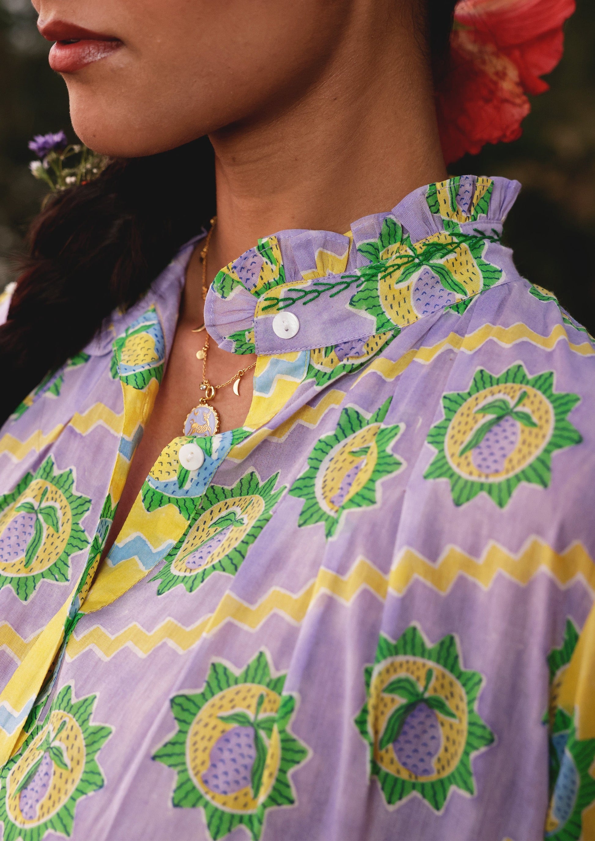 Multi-color Mango print Kakori dress by The Raw India, featuring vibrant fabric and traditional design elements.