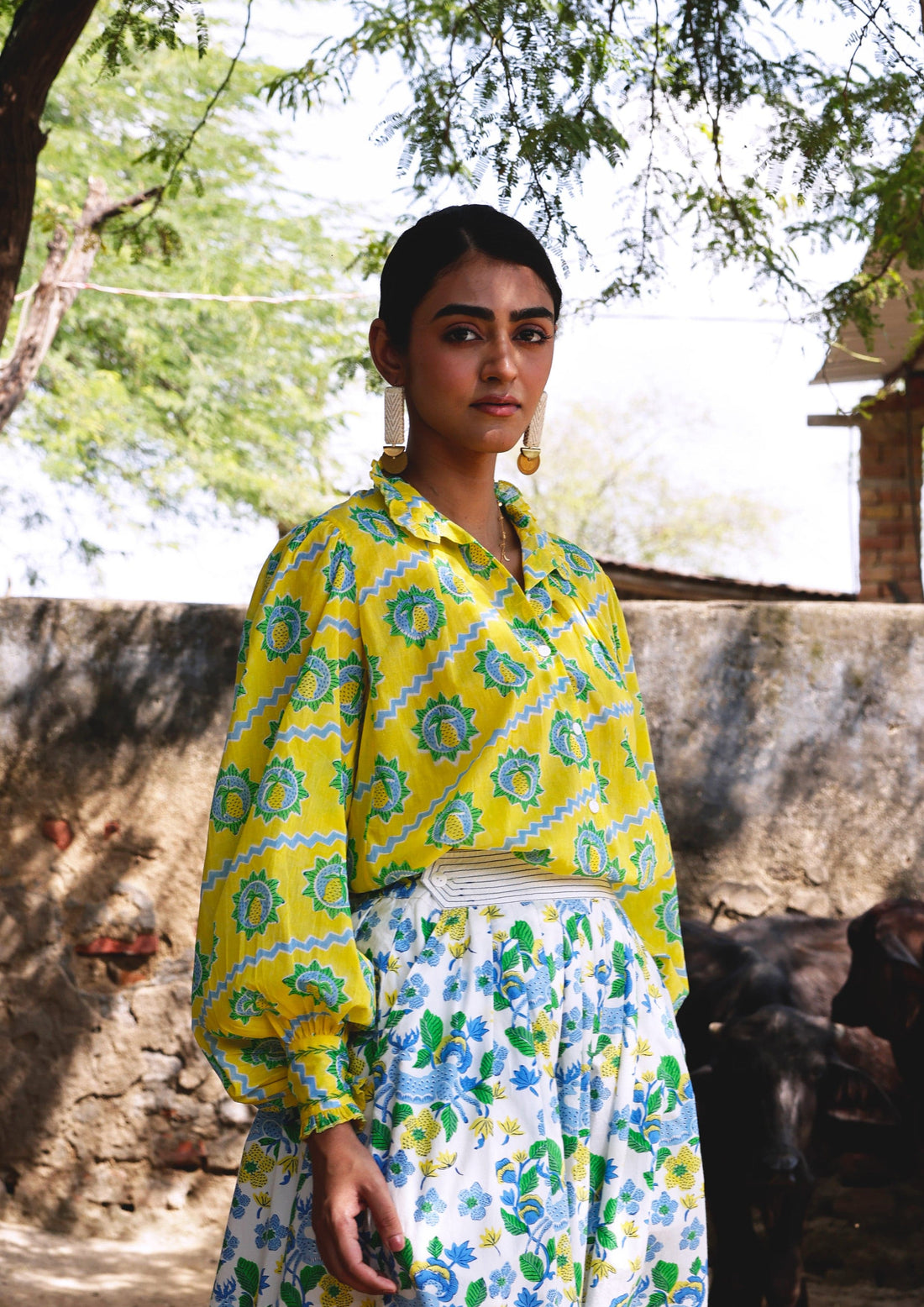 Mango block print Kakori shirt by The Raw India, featuring traditional patterns and a relaxed fit top.