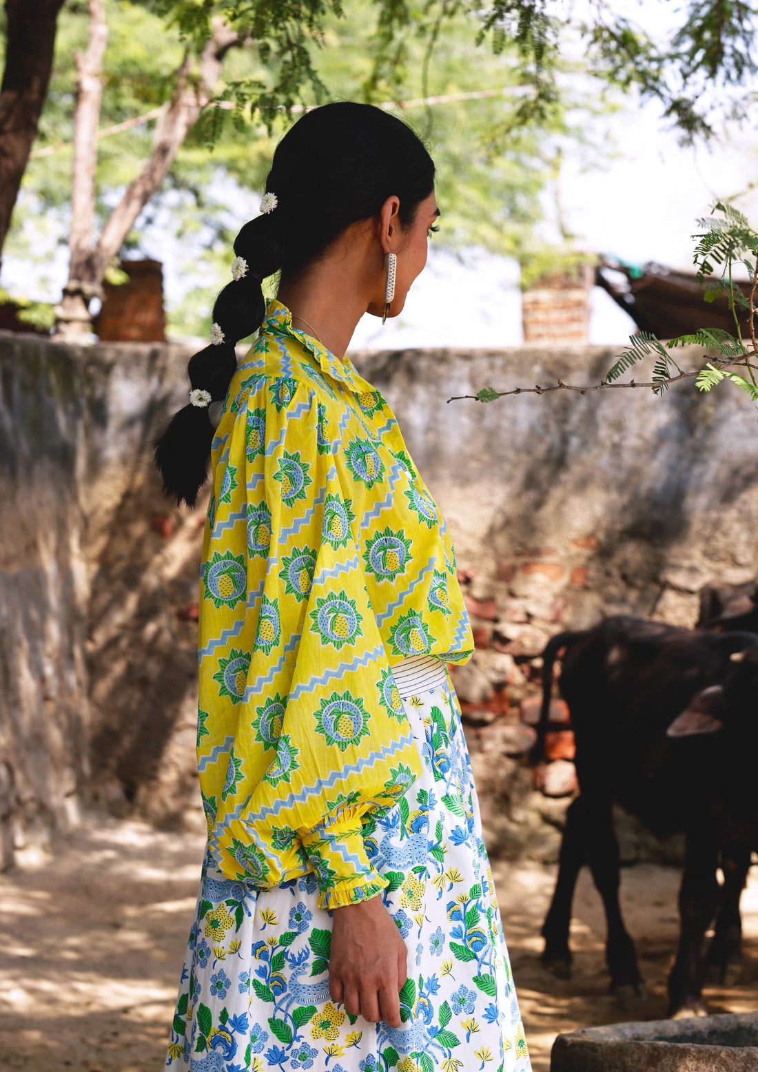 Mango block print Kakori shirt by The Raw India, featuring traditional patterns and a relaxed fit top.