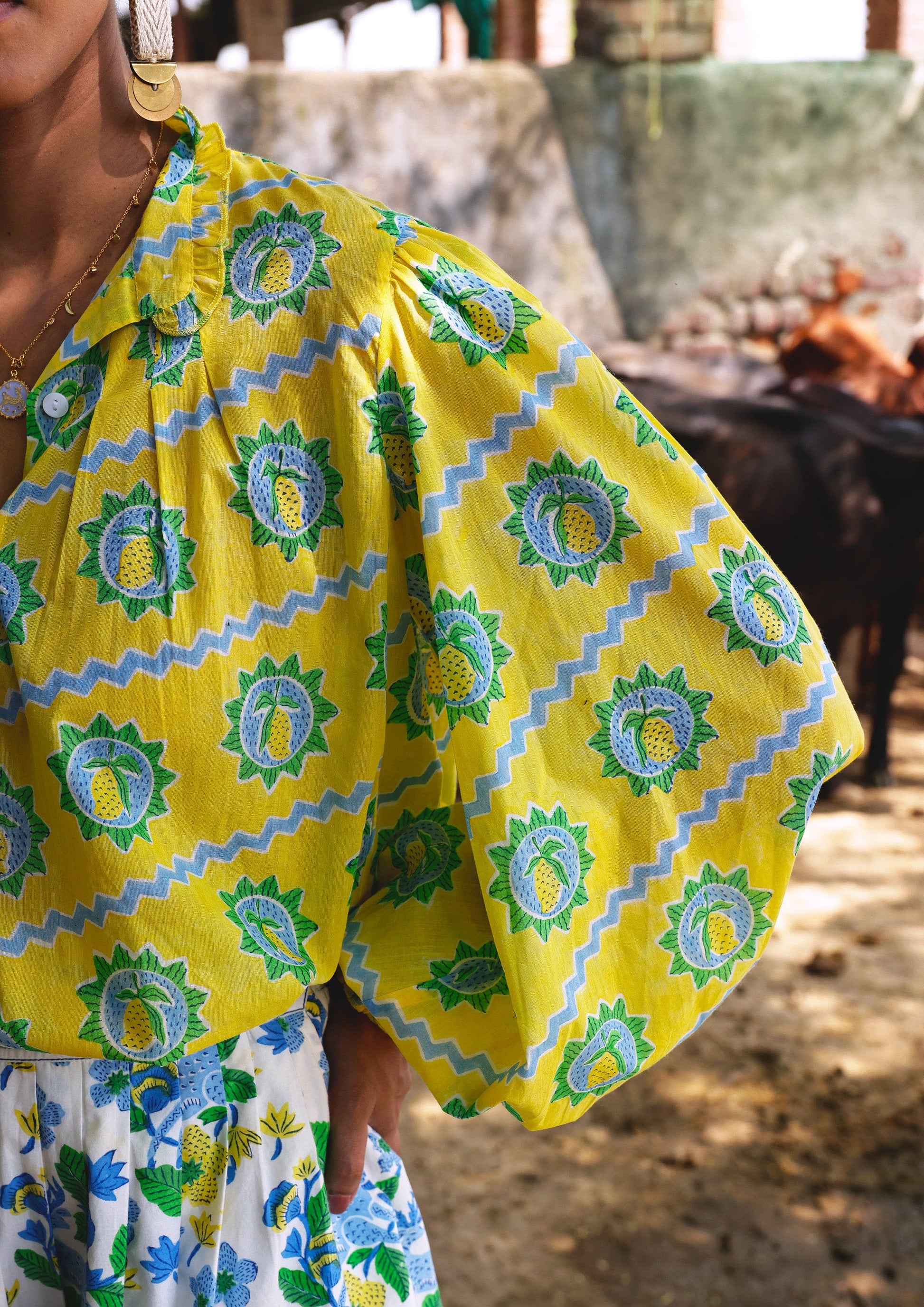 Mango block print Kakori shirt by The Raw India, stylish tops with traditional Indian design and vibrant pattern.