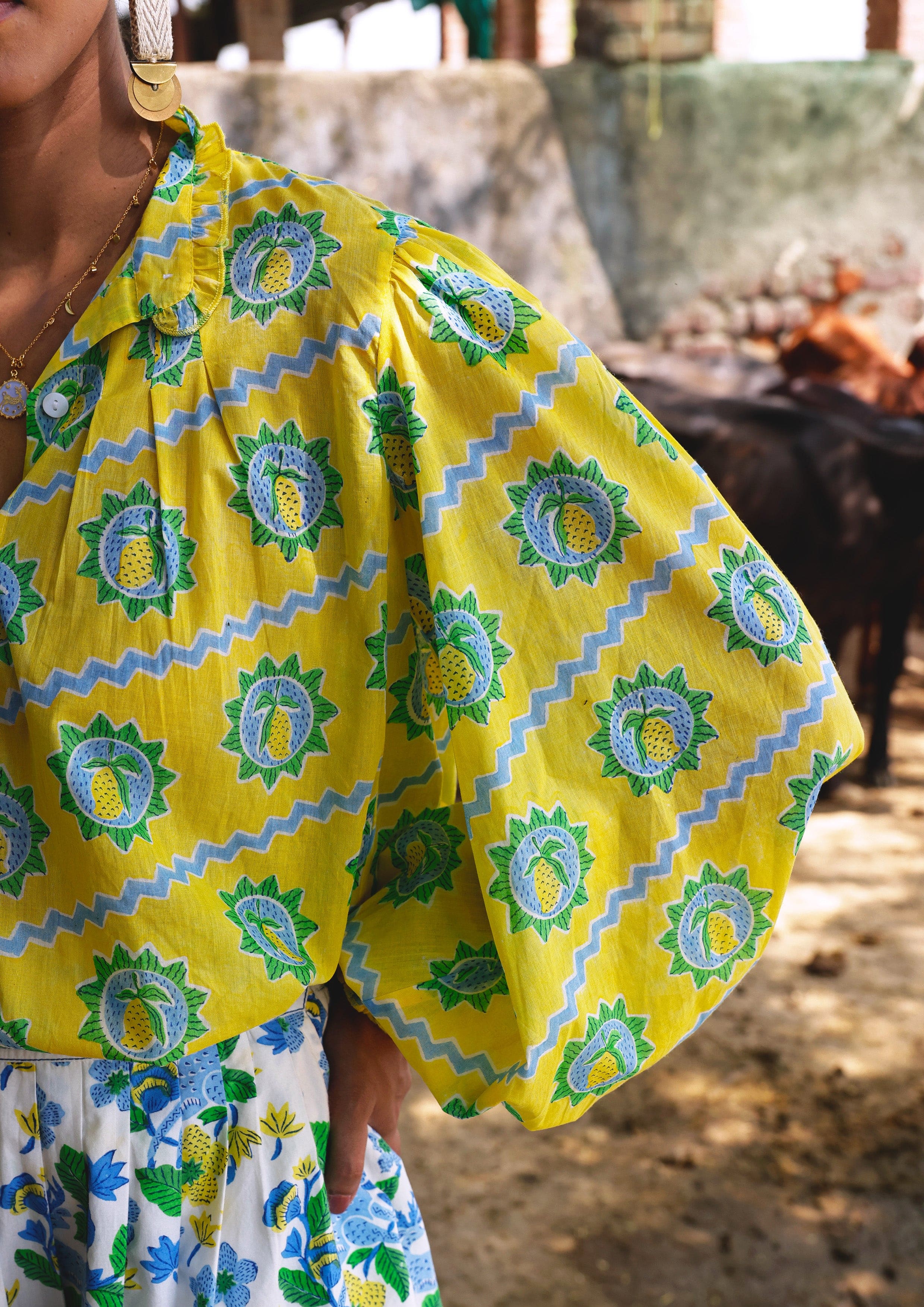 Mango block print Kakori shirt by The Raw India, stylish tops with traditional Indian design and vibrant pattern.
