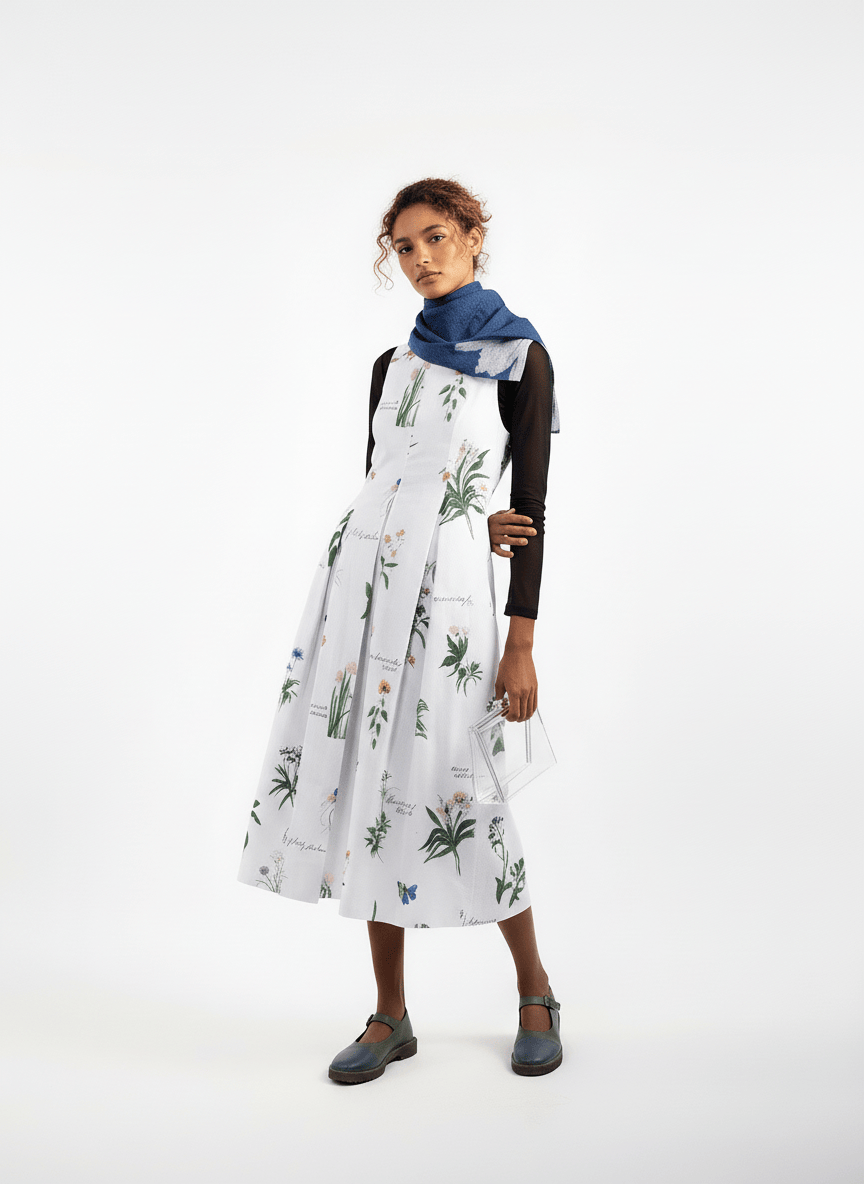 Doodlage Malaya printed dress with colorful floral pattern, lightweight fabric, and fitted waist, displayed on a hanger.