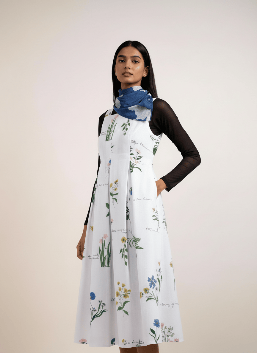 Doodlage Malaya printed dress with colorful floral pattern, short sleeves, and knee-length design on a model.