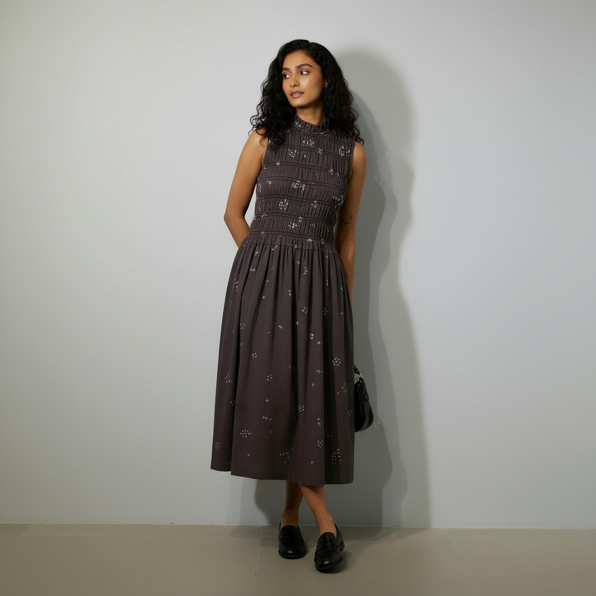 Doodlage Midsummer bandhani smocked dress, lightweight fabric with intricate traditional pattern and smocking detail, on a neutral background