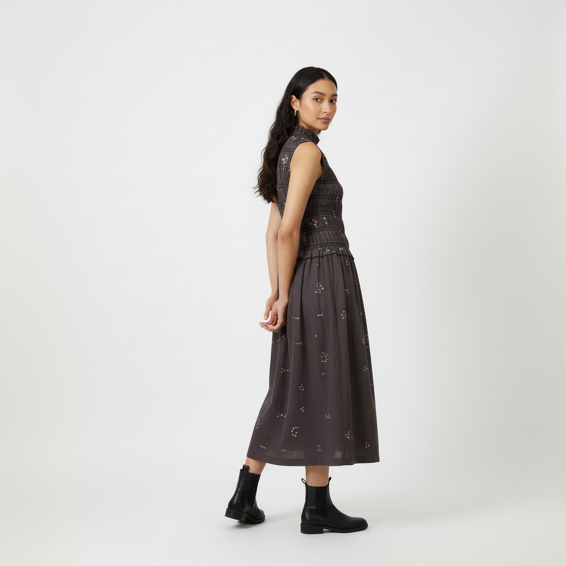 Doodlage Midsummer bandhani smocked dress with vibrant patterns and fitted bodice, displayed on a clean background.