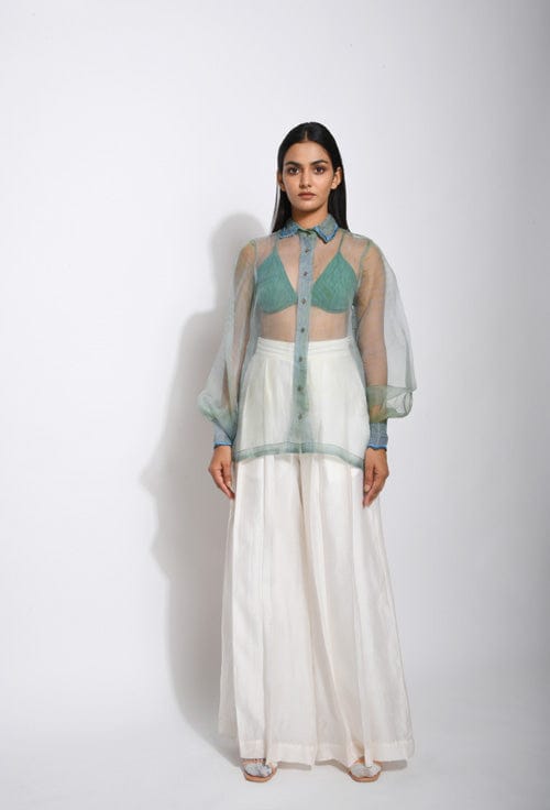 Sea waves organza shirt by Theloomart featuring lightweight, flowing fabric with a wave-inspired pattern and elegant design.