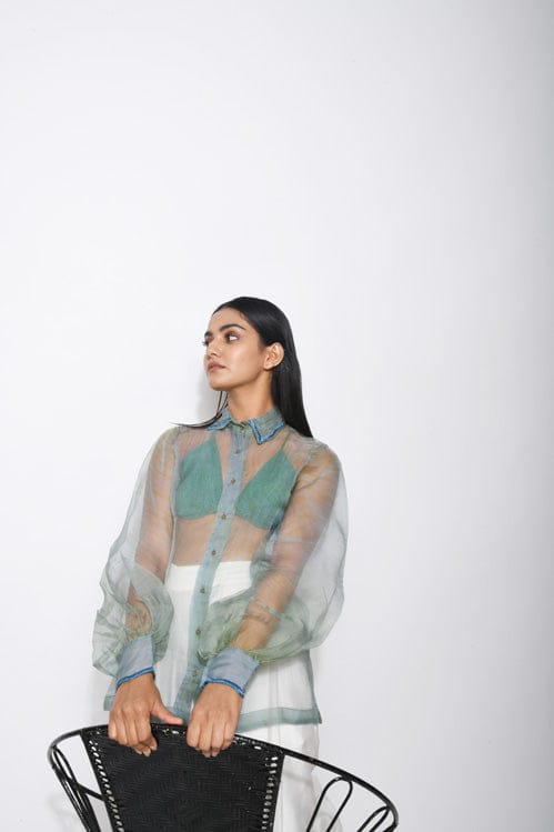 Sea waves organza shirt by Theloomart featuring lightweight, semi-transparent fabric with a flowing wave pattern and classic shirt design.