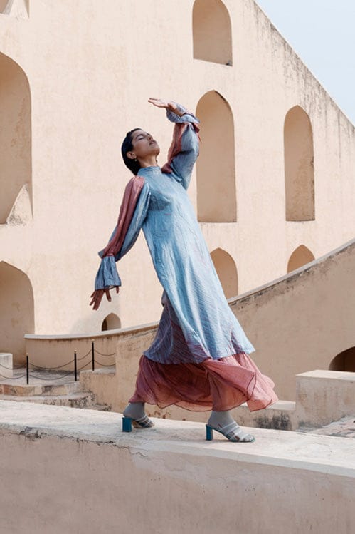 Blush and teal dress by Theloomart featuring a flowing design and elegant fabric, perfect for casual or formal occasions.