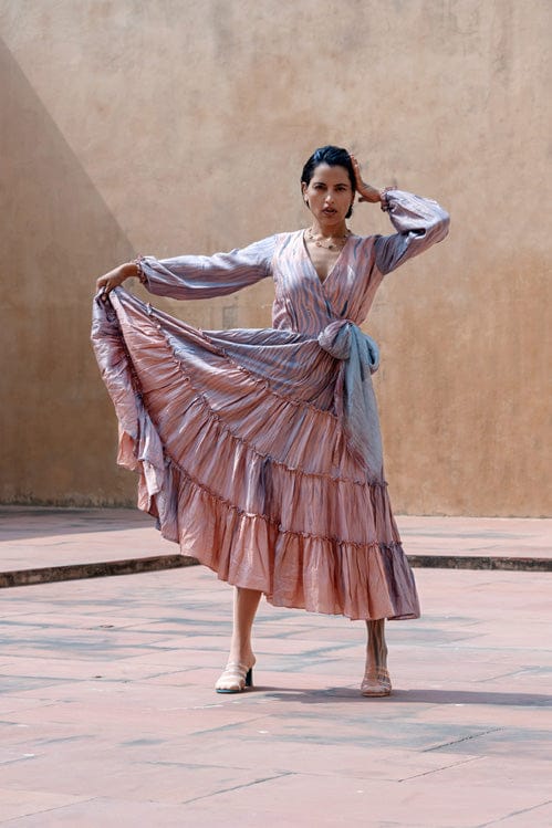 Elegant icy rust-colored dress by Theloomart featuring a flowing design and stylish neckline.