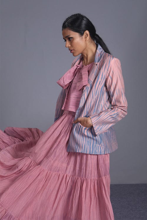Coral silk jacket by Theloomart, featuring a stylish and elegant design with smooth silk fabric and tailored fit.