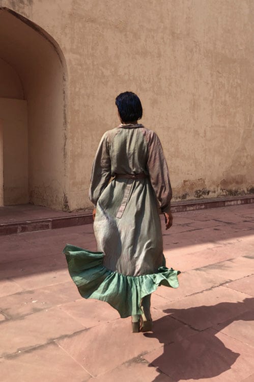 Camouflage dress by Theloomart featuring a stylish, fitted design with a green and brown camouflage pattern.