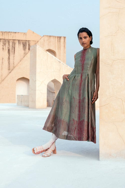 Elegant pickle and wine patterned dress by Theloomart, featuring a stylish, flowing design perfect for casual or semi-formal wear.