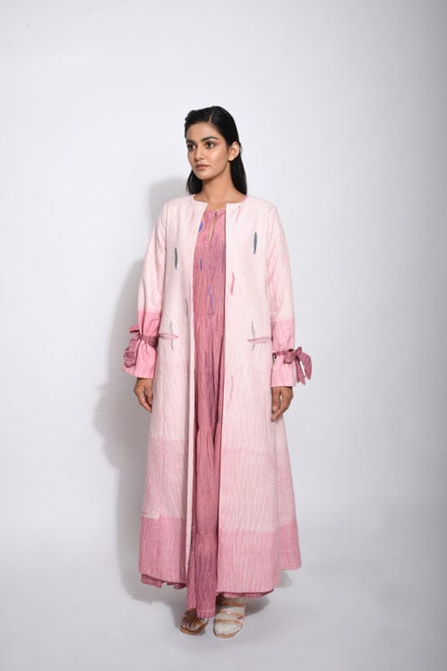 Theloomart Coral Haze jacket, stylish and vibrant, shown in a front view with detailed coral-colored fabric and modern design.