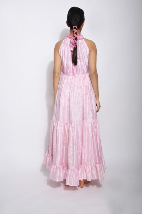 Carolina rose dress by Theloomart featuring floral pattern and elegant fit, displayed on a hanger against a neutral background.