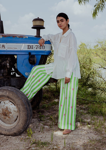 Lucknow Pants with Stripe Chikankari embroidery, traditional Indian bottoms by The Raw India, showing intricate hand-stitched design.