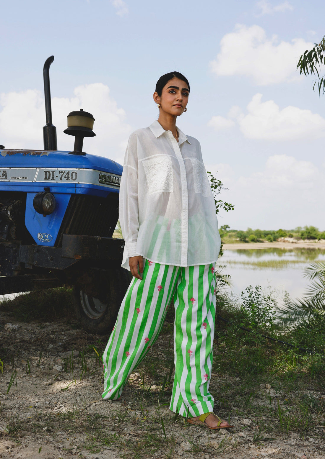 Lucknow Pants with Stripe Chikankari embroidery, traditional Indian bottoms by The Raw India, showing intricate hand-stitched design.
