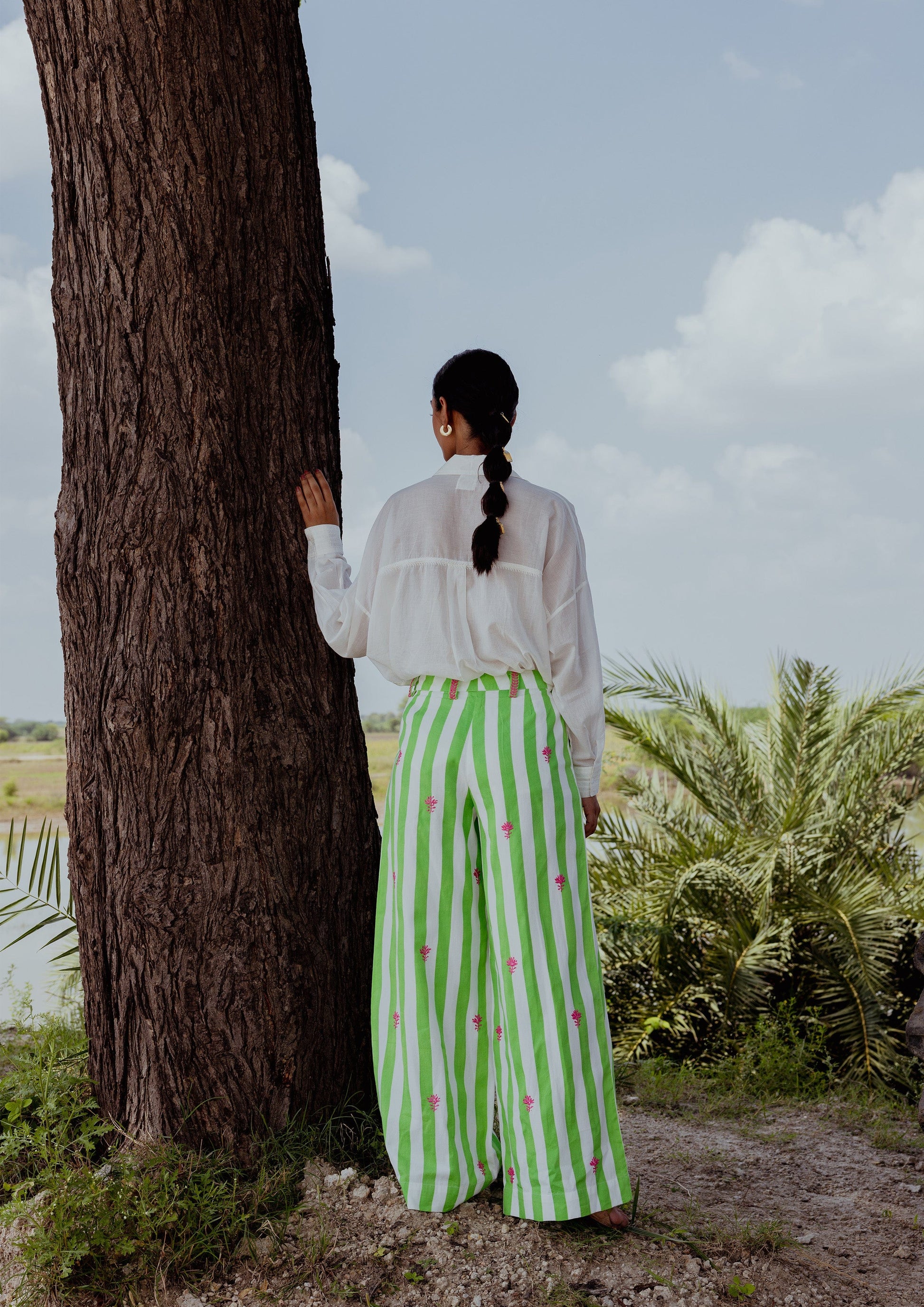 Elegant Lucknow pants with stripe chikankari embroidery by The Raw India, featuring traditional Indian-inspired design and lightweight fabric.