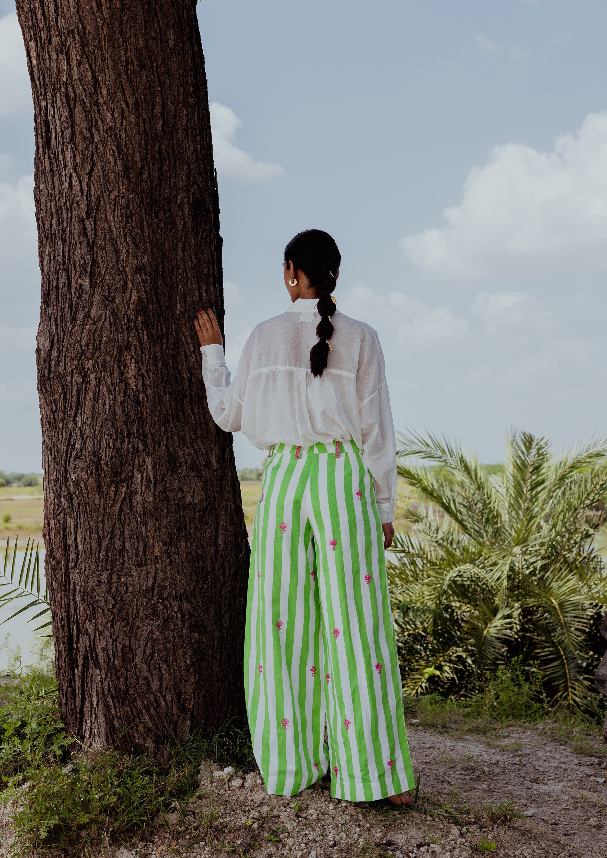 Elegant Lucknow pants with stripe chikankari embroidery by The Raw India, featuring traditional Indian-inspired design and lightweight fabric.