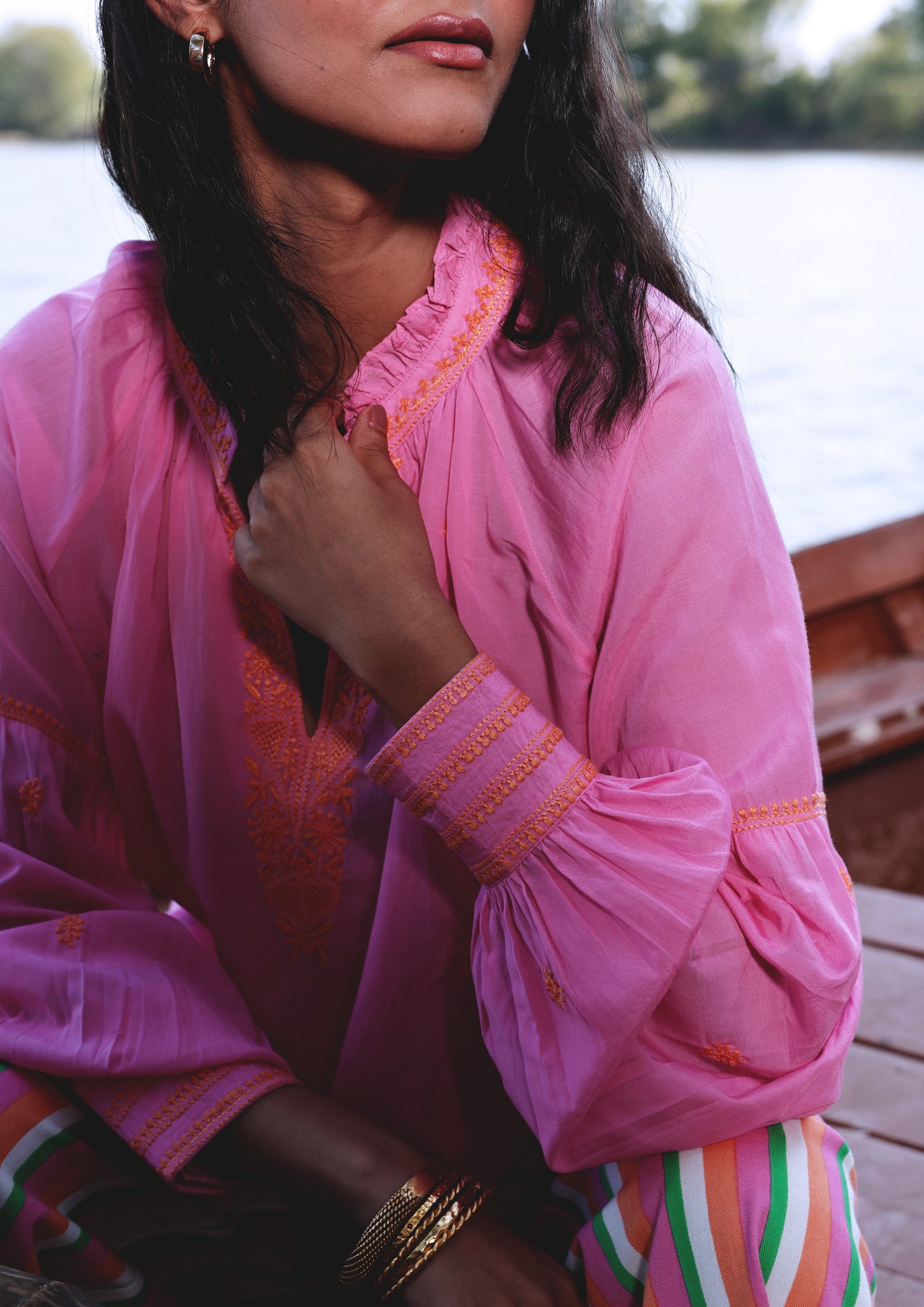 Hand-embroidered Mahal blouse with intricate Chikankari work from The Raw India, featuring traditional Indian craftsmanship.