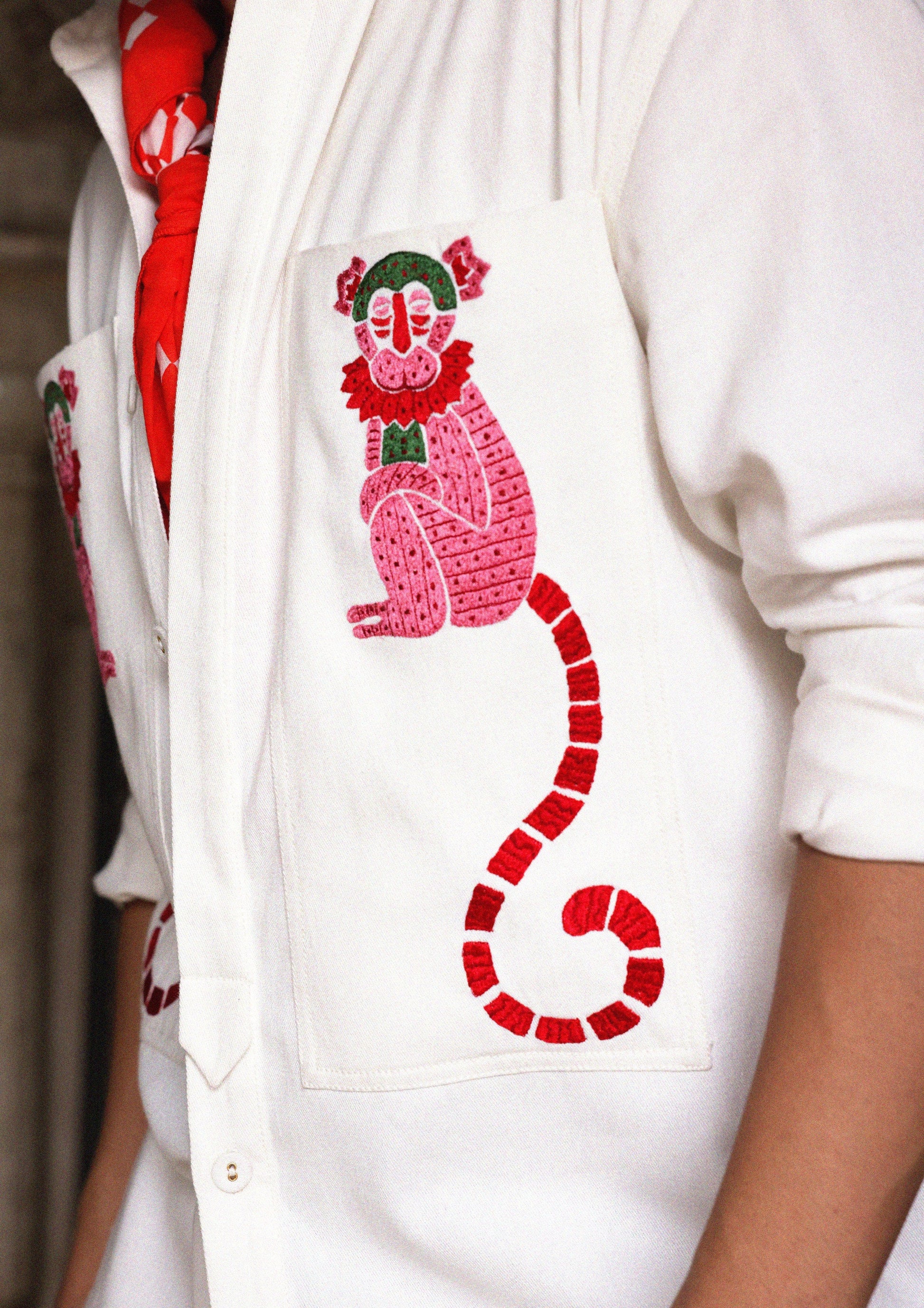 Sawai shacket by The Raw India featuring monkey embroidery, lightweight jacket with button closure and casual style.
