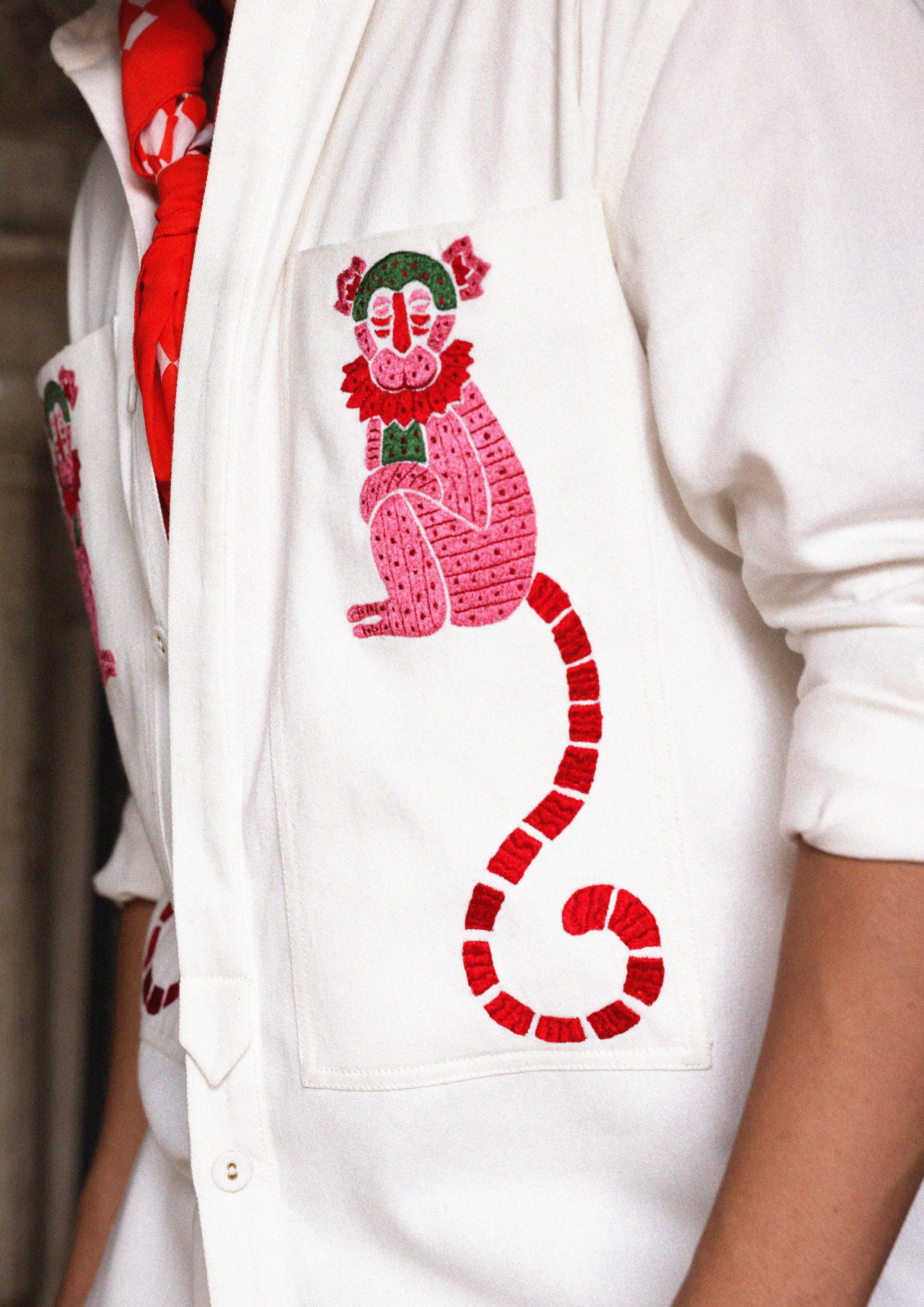 Sawai shacket by The Raw India featuring monkey embroidery, lightweight jacket with button closure and casual style.