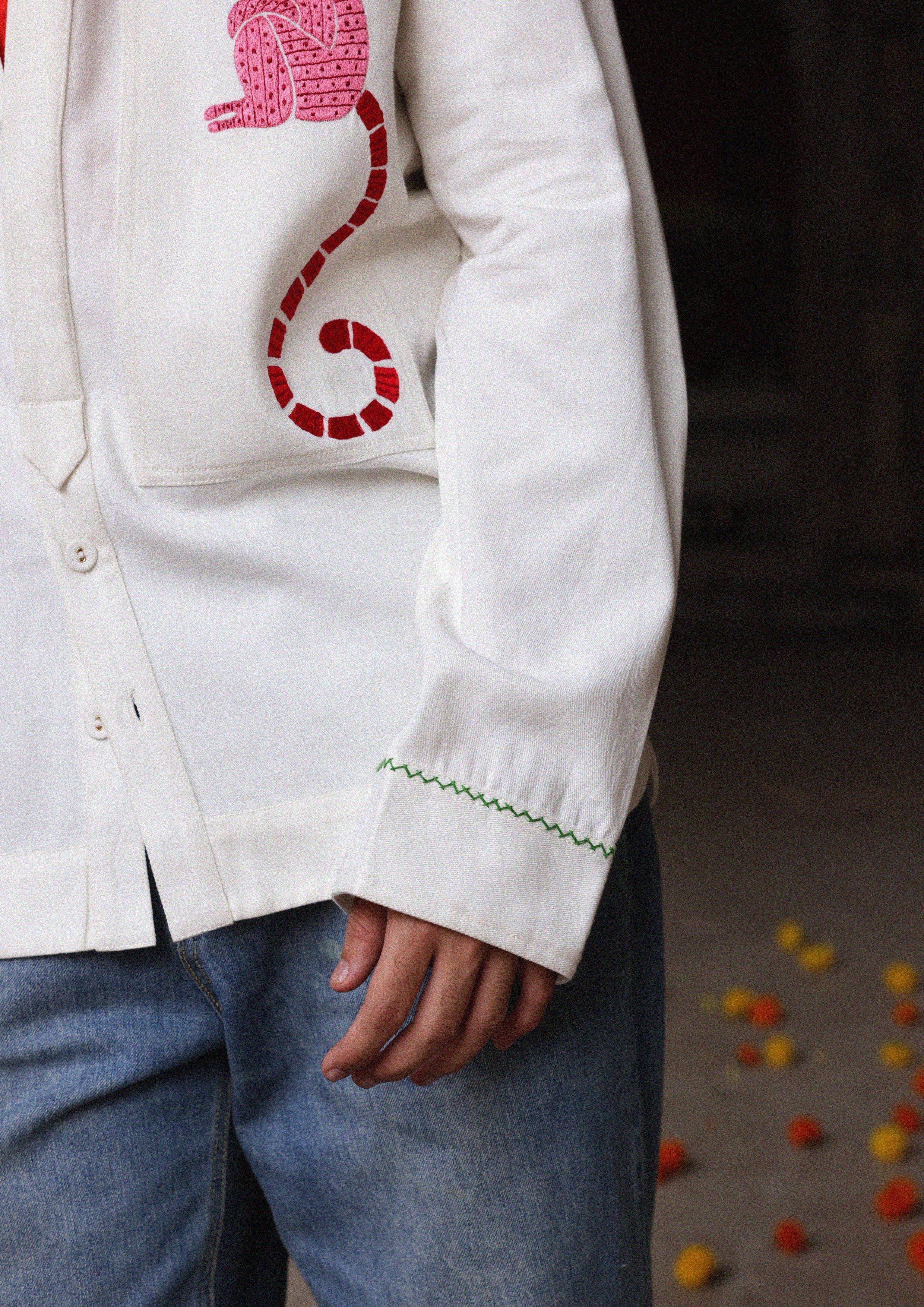 Sawai shacket by The Raw India featuring monkey embroidery, casual jacket with button front and stylish design.