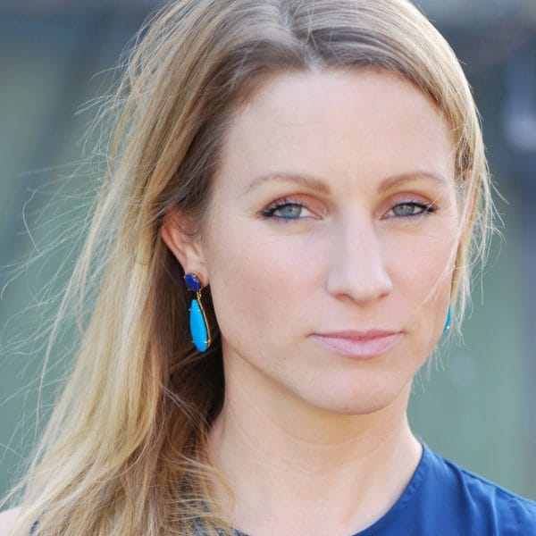 Blue tear-drop earrings from Bombaybirds Mo'orea earrings collection, featuring elegant dangle design with shiny finish.