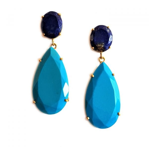 Bombaybirds Mo'orea earrings featuring blue tear-drop design, sleek and stylish jewelry perfect for elegant occasions.