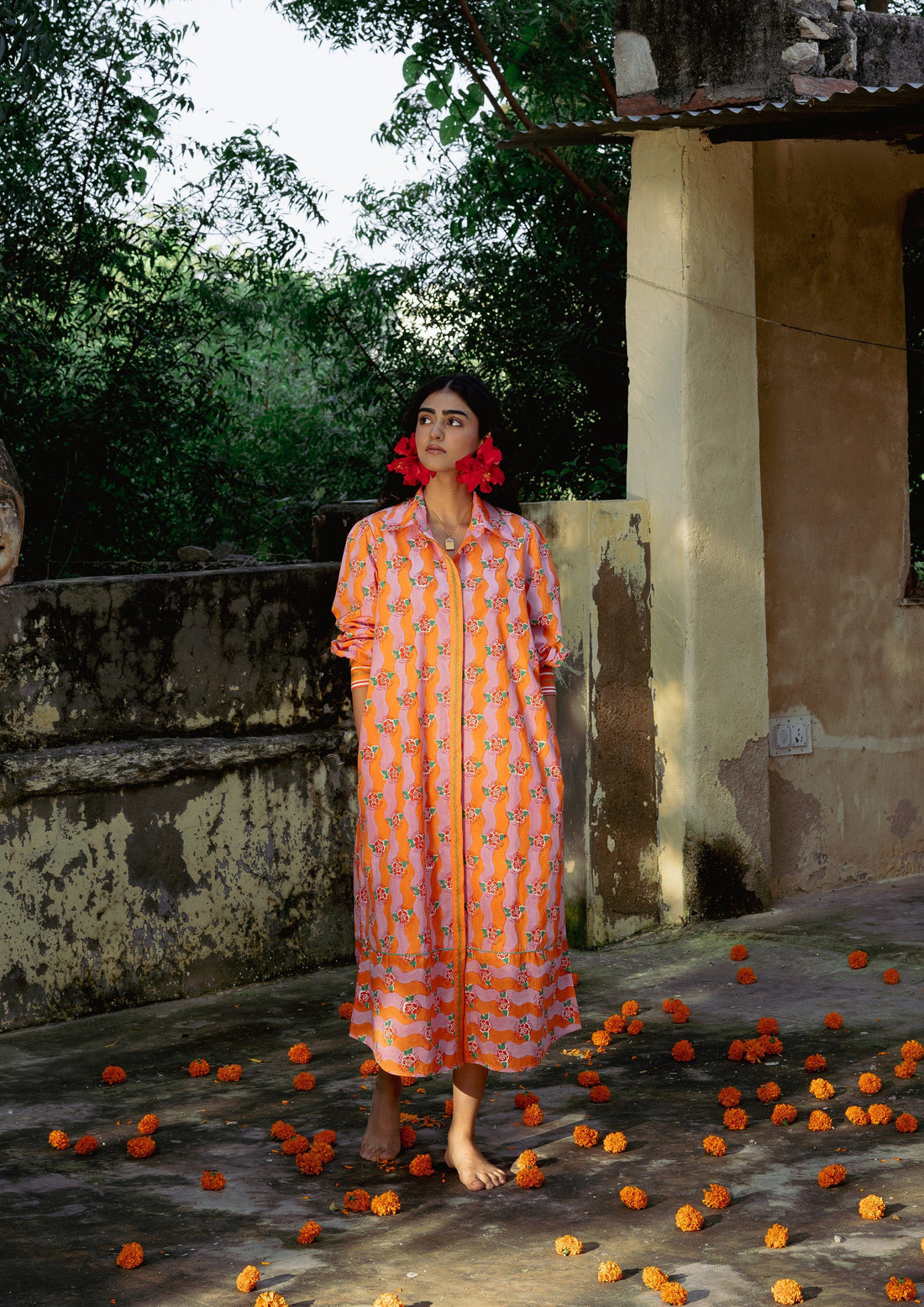 Citrus Ganga Mughal shirt dress by The Raw India featuring traditional Mughal-inspired patterns and a relaxed fit.