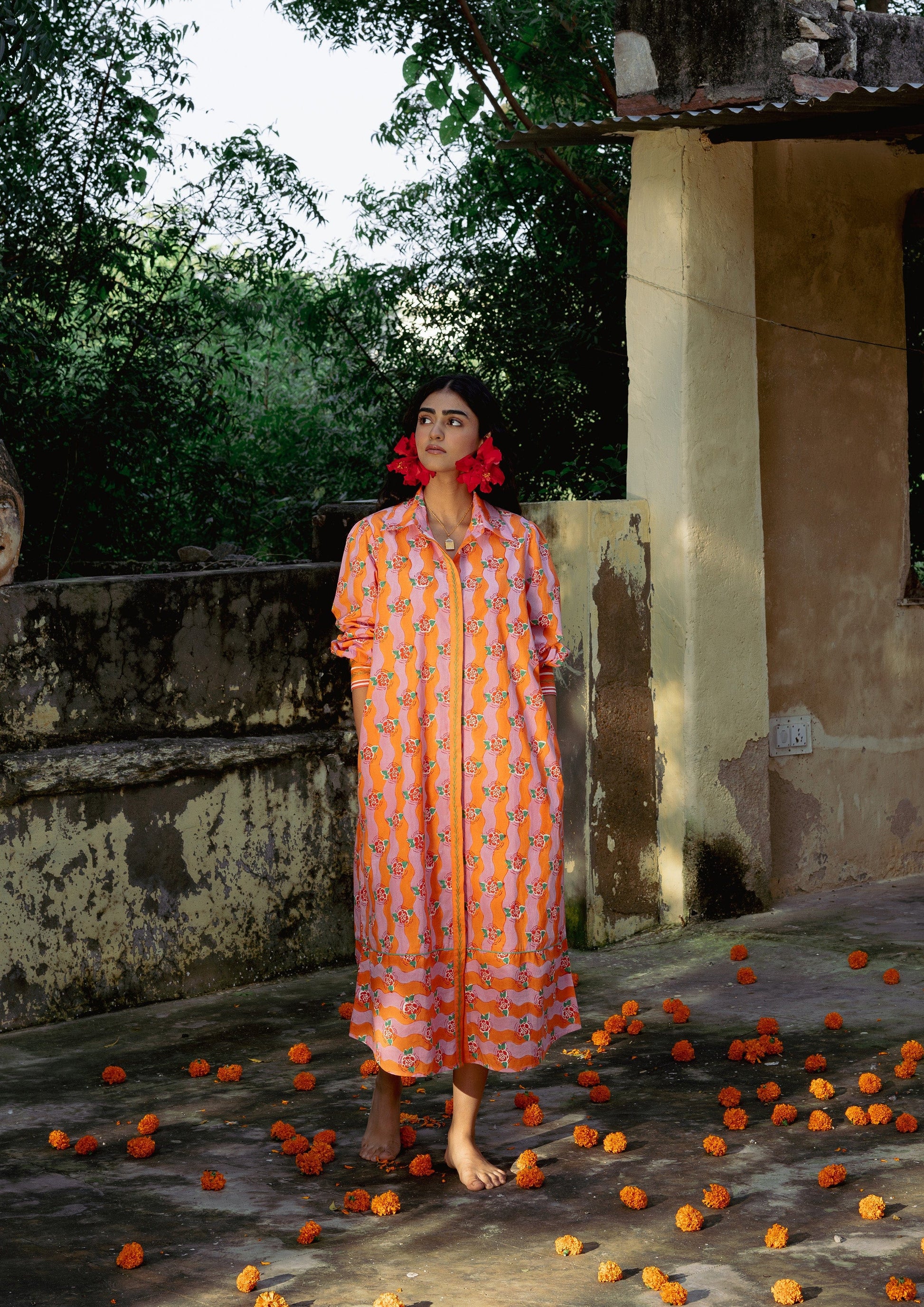 Citrus Ganga Mughal shirt dress by The Raw India featuring traditional Mughal-inspired patterns and a relaxed fit.