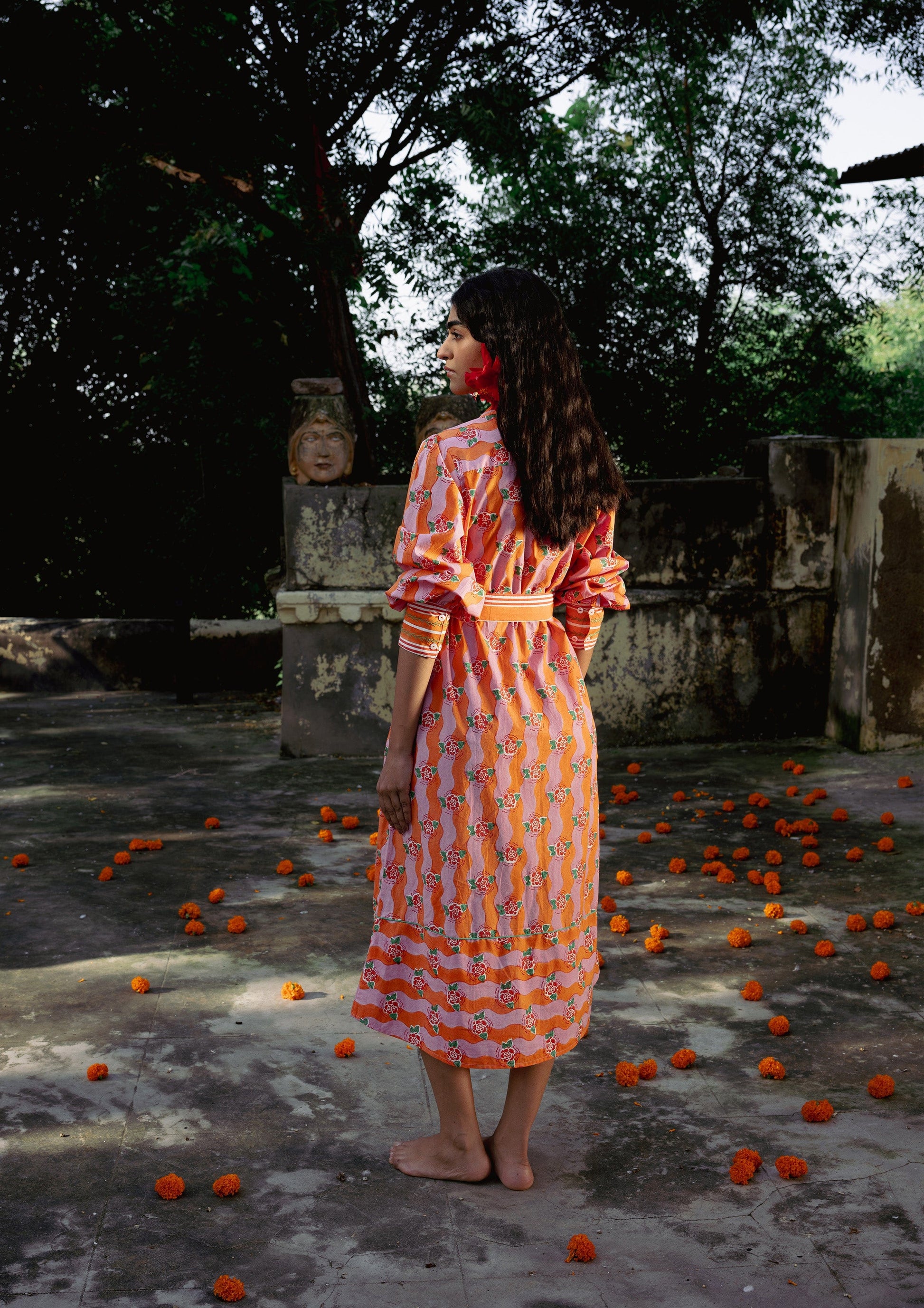 Mughal Shirt Dress Citrus Ganga by The Raw India, featuring a traditional-inspired design with vibrant orange and blue patterns.