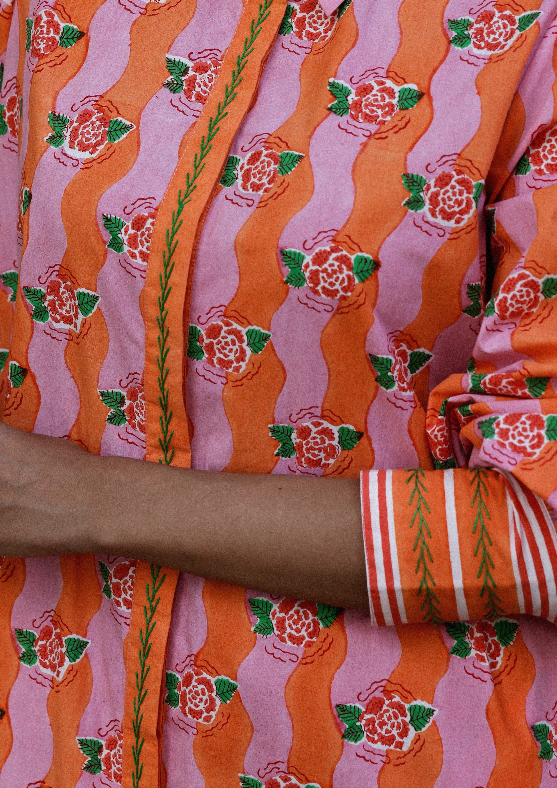 Light orange Mughal Shirt Dress Citrus Ganga by The Raw India, featuring traditional patterns and a relaxed fit.