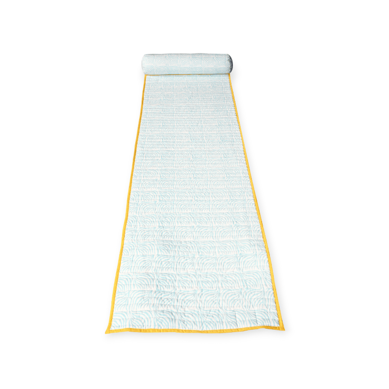 Bright yellow Bombaybirds beach mat with a soft fabric surface, ideal for outdoor relaxation and beach outings.