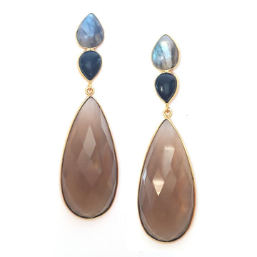 Bombaybirds Neal earrings with long drop design featuring brown topaz stones, elegant jewelry for special occasions.