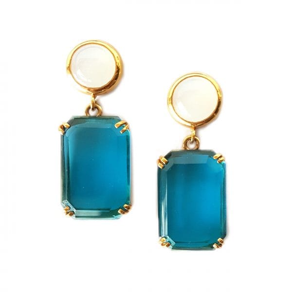 Bombaybirds Noori earrings featuring London Blue Quartz drop design with gold accents, showcasing elegant jewelry craftsmanship.