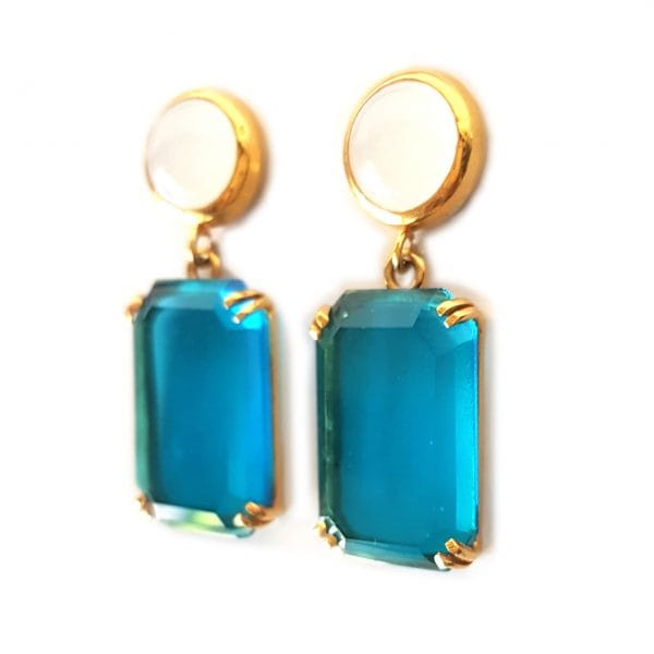 Bombaybirds Noori earrings featuring London Blue Quartz drop design with gold-toned hooks.