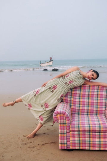 JODI Gulkand day dress, lightweight and stylish dress with floral print, perfect for casual wear, shown on a hanger.