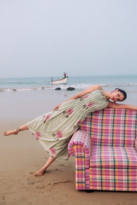 JODI Gulkand day dress, lightweight and stylish dress with floral print, perfect for casual wear, shown on a hanger.