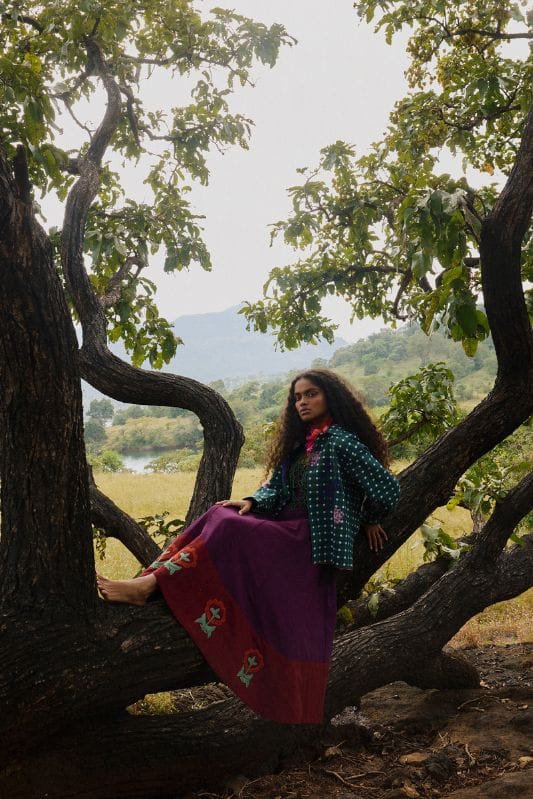 Morni handloom dress by JODI, featuring vibrant traditional patterns and colorful fabric, styled in a modern dress design.