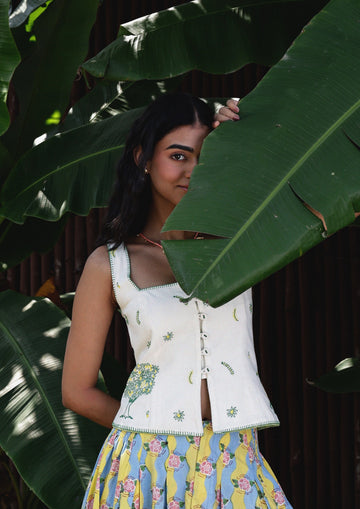 Mango and crane embroidery Palash vest top from The Raw India, featuring intricate traditional design and vibrant fabric.
